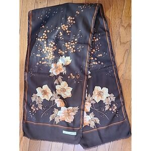 Olga Greco Scarf Tan With Brown Orange Floral Bouquet Hand Rolled 53x12 inches